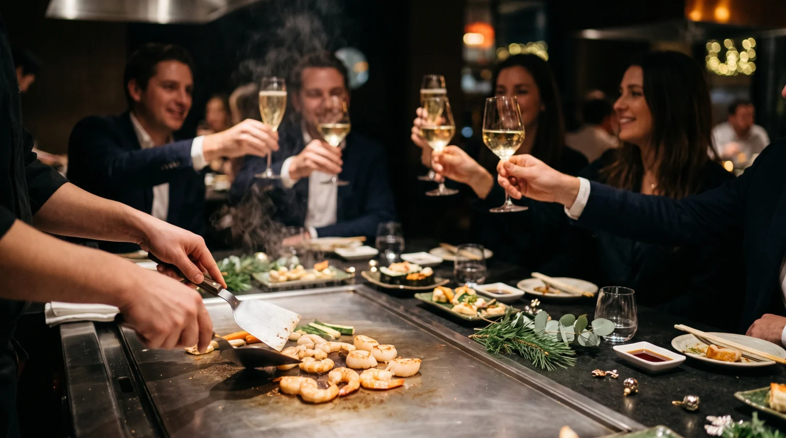Gruppe stößt bei einer Weihnachtsfeier rund um die Teppanyaki-Platte mit Cava an