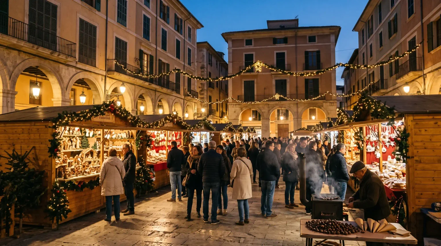 Weihnachtsmarkt mit Holzbuden und einem Maronenverkäufer auf einem Platz mit Arkaden in Palma in der Dämmerung