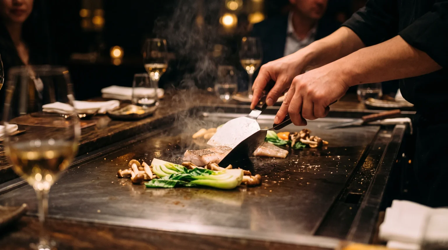 Koch bereitet Fisch, Pilze und Pak Choi auf der Teppanyaki-Platte beim Abendessen zu